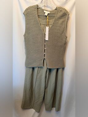 NEW House of Harlow 1960 Size Large Knit Cardigan Wide Leg Pant Set Sage Green